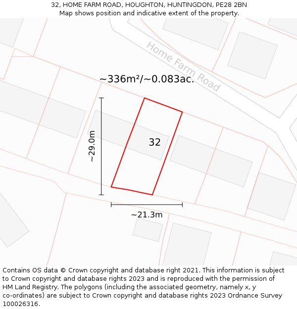 32, HOME FARM ROAD, HOUGHTON, HUNTINGDON, PE28 2BN: Plot and title map