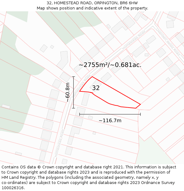 32, HOMESTEAD ROAD, ORPINGTON, BR6 6HW: Plot and title map