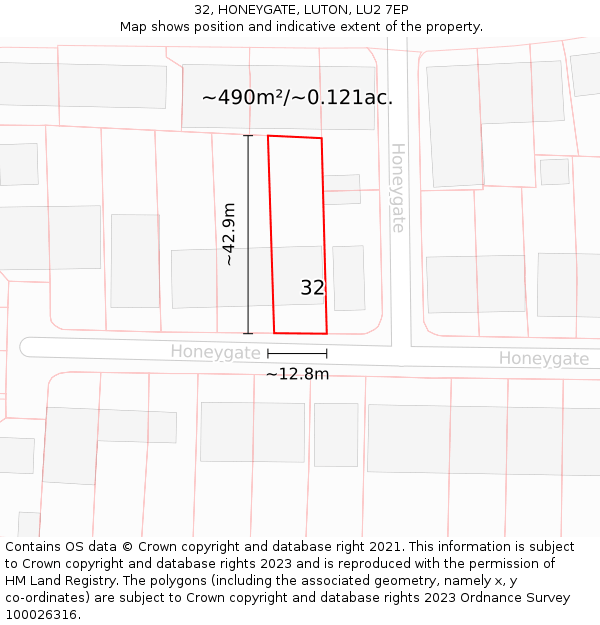 32, HONEYGATE, LUTON, LU2 7EP: Plot and title map
