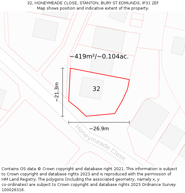 32, HONEYMEADE CLOSE, STANTON, BURY ST EDMUNDS, IP31 2EF: Plot and title map