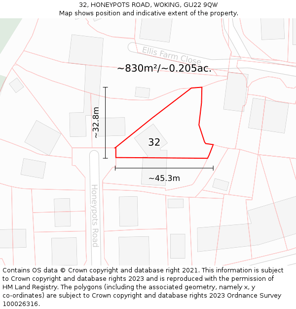 32, HONEYPOTS ROAD, WOKING, GU22 9QW: Plot and title map