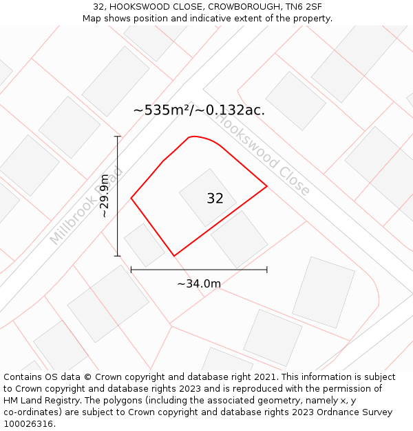 32, HOOKSWOOD CLOSE, CROWBOROUGH, TN6 2SF: Plot and title map