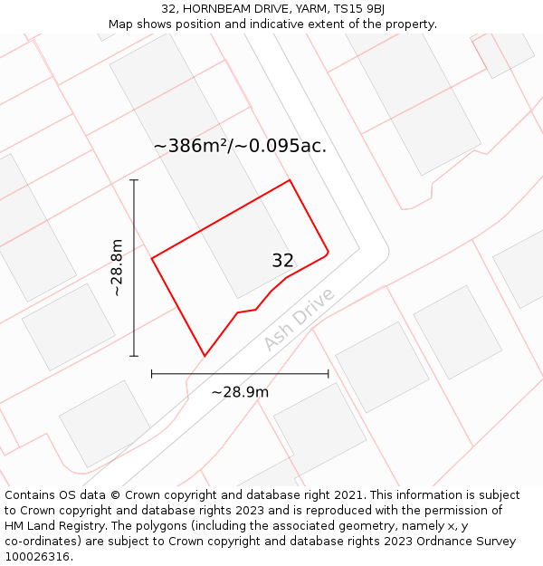 32, HORNBEAM DRIVE, YARM, TS15 9BJ: Plot and title map