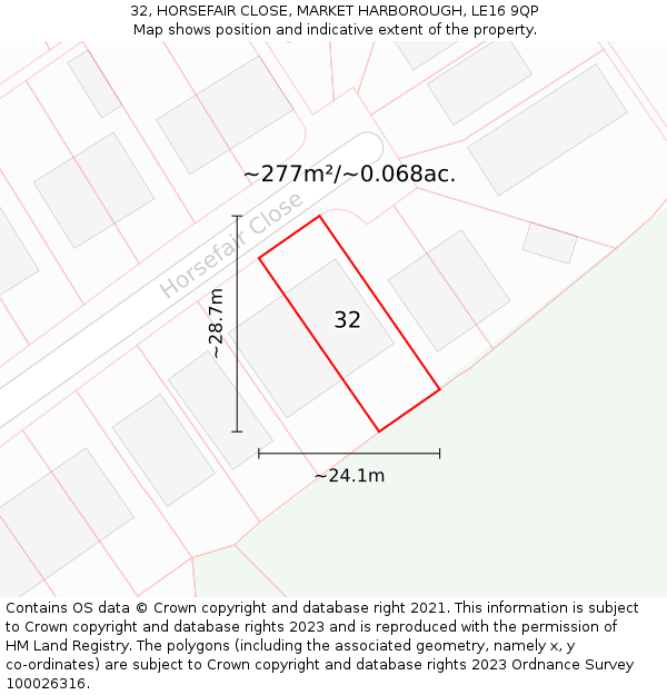32, HORSEFAIR CLOSE, MARKET HARBOROUGH, LE16 9QP: Plot and title map