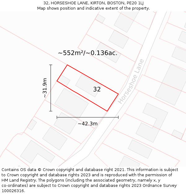 32, HORSESHOE LANE, KIRTON, BOSTON, PE20 1LJ: Plot and title map
