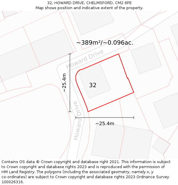 32, HOWARD DRIVE, CHELMSFORD, CM2 6PE: Plot and title map