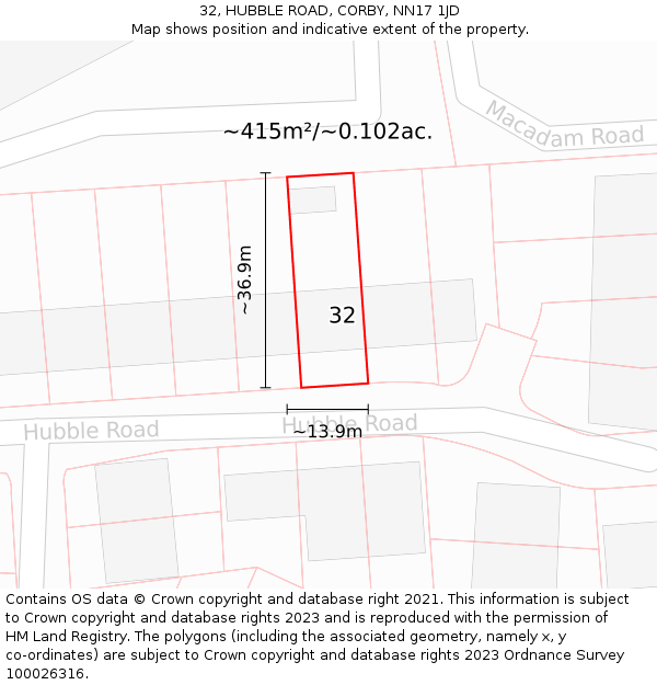 32, HUBBLE ROAD, CORBY, NN17 1JD: Plot and title map