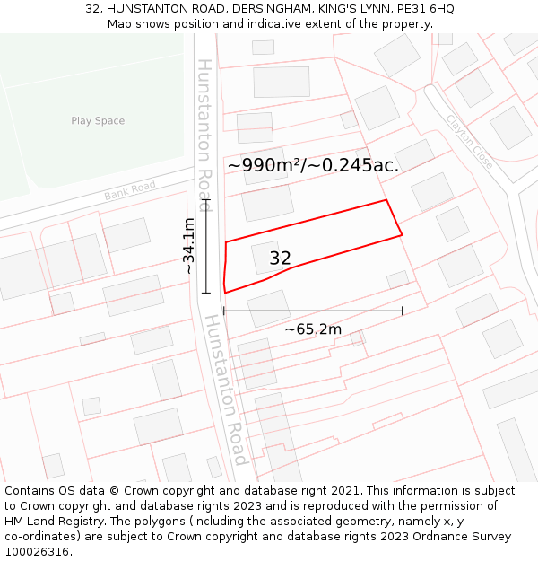 32, HUNSTANTON ROAD, DERSINGHAM, KING'S LYNN, PE31 6HQ: Plot and title map