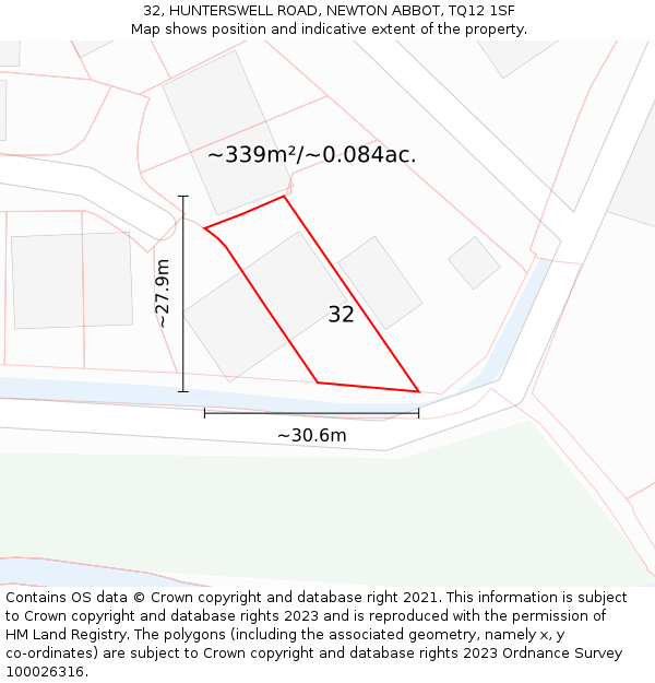 32, HUNTERSWELL ROAD, NEWTON ABBOT, TQ12 1SF: Plot and title map