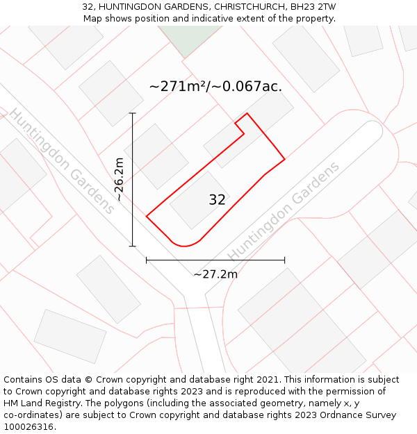 32, HUNTINGDON GARDENS, CHRISTCHURCH, BH23 2TW: Plot and title map