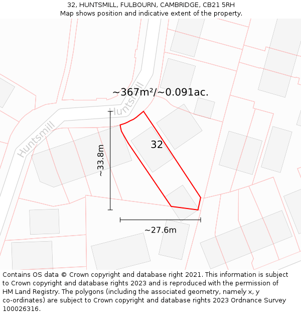 32, HUNTSMILL, FULBOURN, CAMBRIDGE, CB21 5RH: Plot and title map