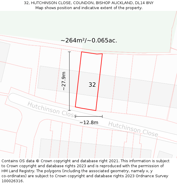 32, HUTCHINSON CLOSE, COUNDON, BISHOP AUCKLAND, DL14 8NY: Plot and title map