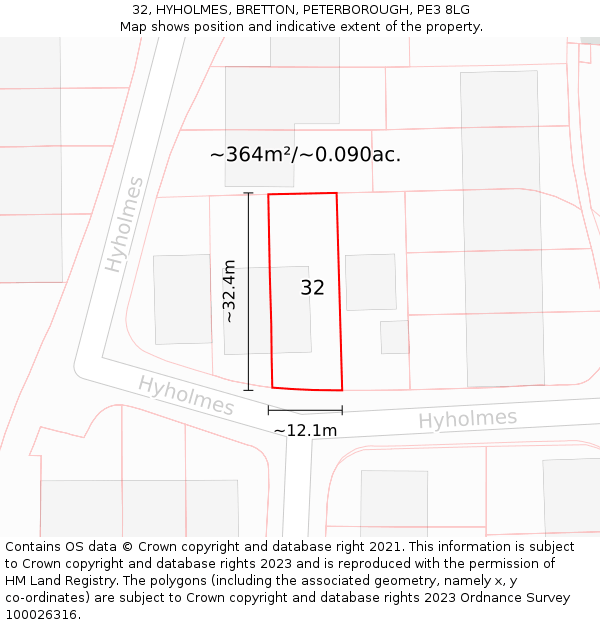 32, HYHOLMES, BRETTON, PETERBOROUGH, PE3 8LG: Plot and title map