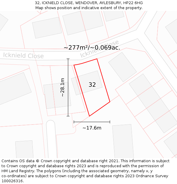 32, ICKNIELD CLOSE, WENDOVER, AYLESBURY, HP22 6HG: Plot and title map