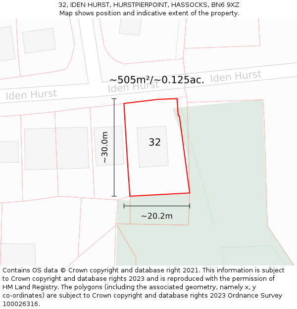 32, IDEN HURST, HURSTPIERPOINT, HASSOCKS, BN6 9XZ: Plot and title map