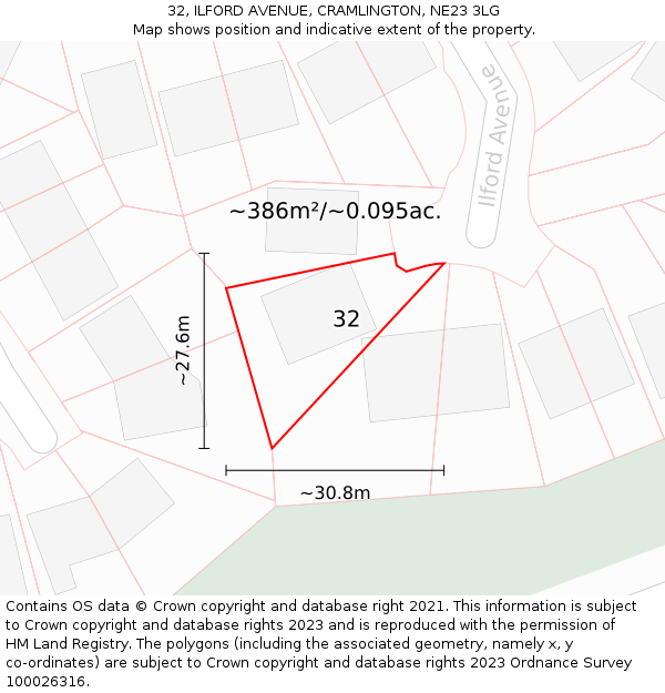 32, ILFORD AVENUE, CRAMLINGTON, NE23 3LG: Plot and title map