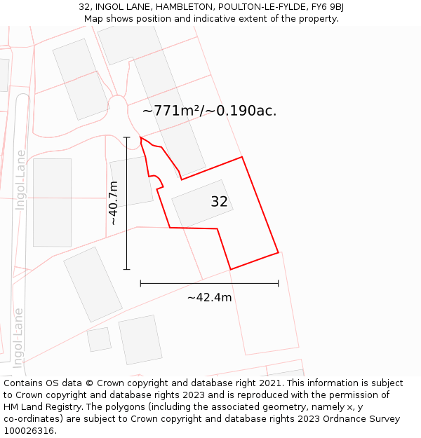 32, INGOL LANE, HAMBLETON, POULTON-LE-FYLDE, FY6 9BJ: Plot and title map