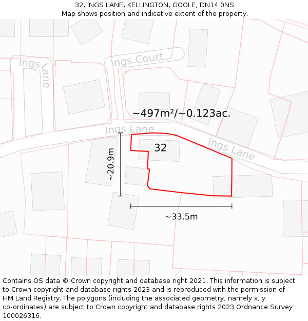 32, INGS LANE, KELLINGTON, GOOLE, DN14 0NS: Plot and title map