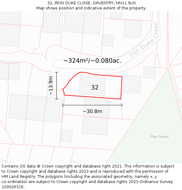 32, IRON DUKE CLOSE, DAVENTRY, NN11 9LN: Plot and title map