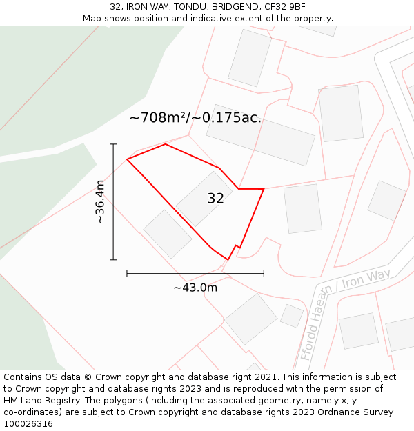 32, IRON WAY, TONDU, BRIDGEND, CF32 9BF: Plot and title map
