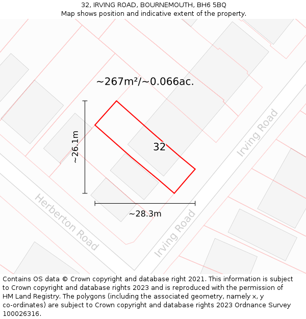 32, IRVING ROAD, BOURNEMOUTH, BH6 5BQ: Plot and title map