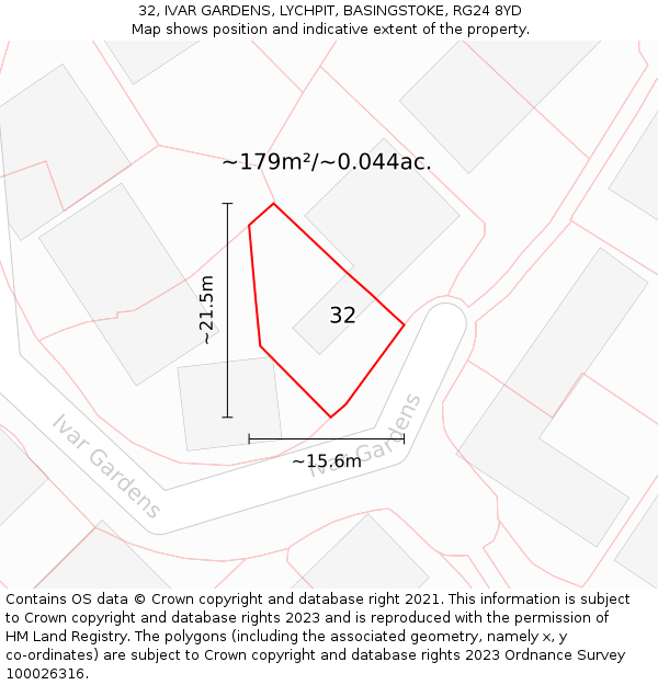 32, IVAR GARDENS, LYCHPIT, BASINGSTOKE, RG24 8YD: Plot and title map