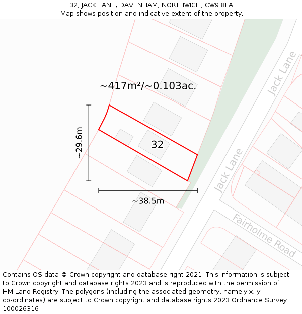 32, JACK LANE, DAVENHAM, NORTHWICH, CW9 8LA: Plot and title map