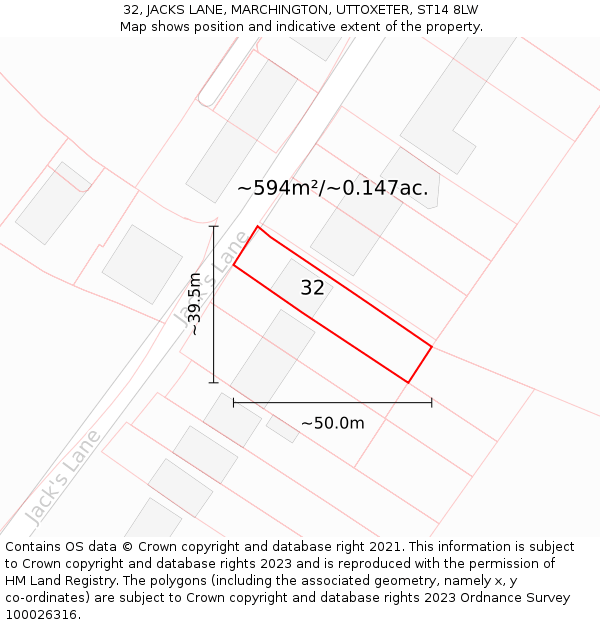 32, JACKS LANE, MARCHINGTON, UTTOXETER, ST14 8LW: Plot and title map