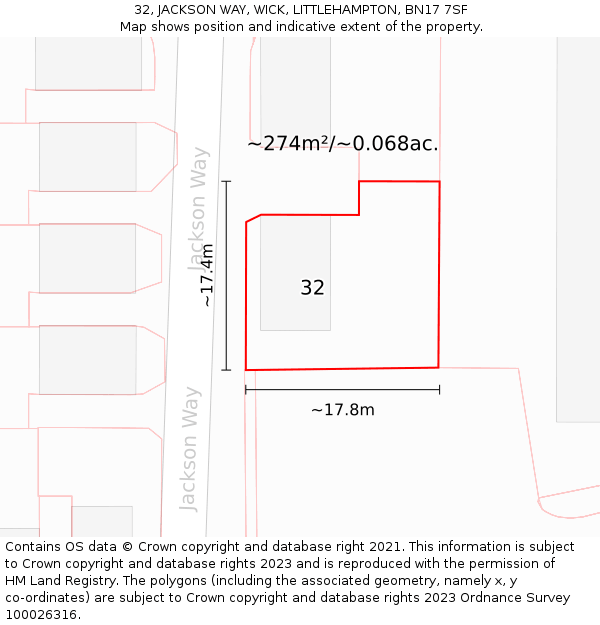 32, JACKSON WAY, WICK, LITTLEHAMPTON, BN17 7SF: Plot and title map
