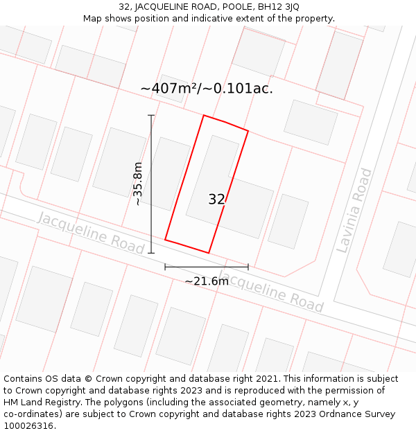 32, JACQUELINE ROAD, POOLE, BH12 3JQ: Plot and title map