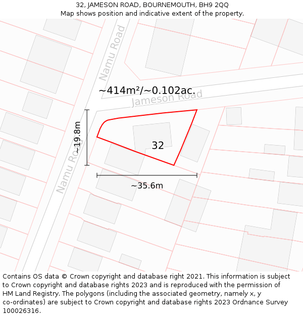 32, JAMESON ROAD, BOURNEMOUTH, BH9 2QQ: Plot and title map