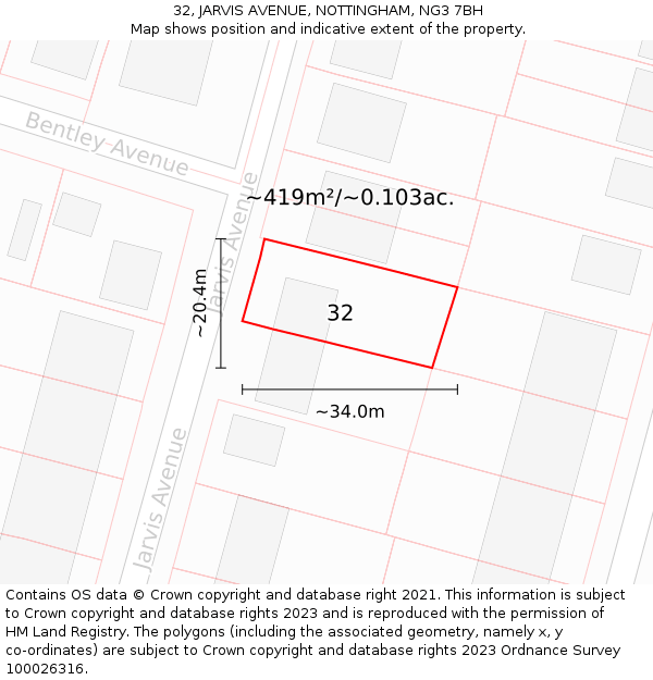32, JARVIS AVENUE, NOTTINGHAM, NG3 7BH: Plot and title map