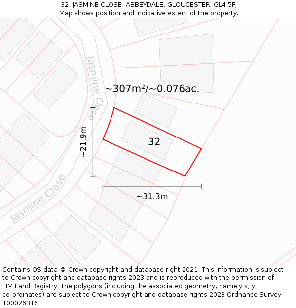 32, JASMINE CLOSE, ABBEYDALE, GLOUCESTER, GL4 5FJ: Plot and title map
