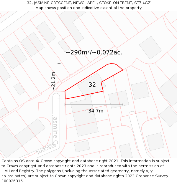 32, JASMINE CRESCENT, NEWCHAPEL, STOKE-ON-TRENT, ST7 4GZ: Plot and title map