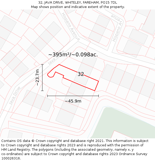 32, JAVA DRIVE, WHITELEY, FAREHAM, PO15 7DL: Plot and title map