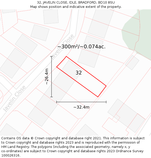 32, JAVELIN CLOSE, IDLE, BRADFORD, BD10 8SU: Plot and title map