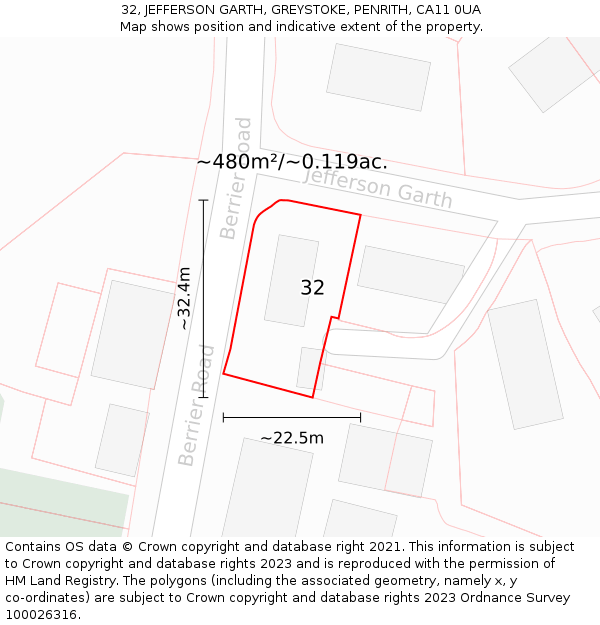 32, JEFFERSON GARTH, GREYSTOKE, PENRITH, CA11 0UA: Plot and title map