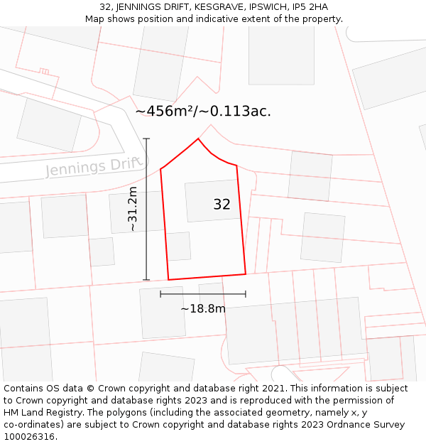 32, JENNINGS DRIFT, KESGRAVE, IPSWICH, IP5 2HA: Plot and title map