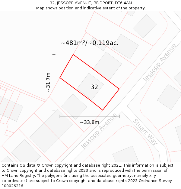 32, JESSOPP AVENUE, BRIDPORT, DT6 4AN: Plot and title map