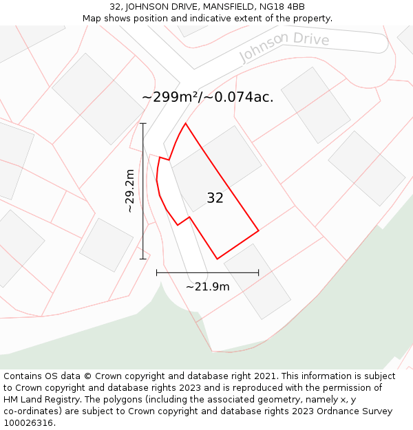 32, JOHNSON DRIVE, MANSFIELD, NG18 4BB: Plot and title map