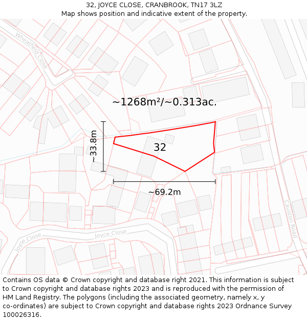 32, JOYCE CLOSE, CRANBROOK, TN17 3LZ: Plot and title map