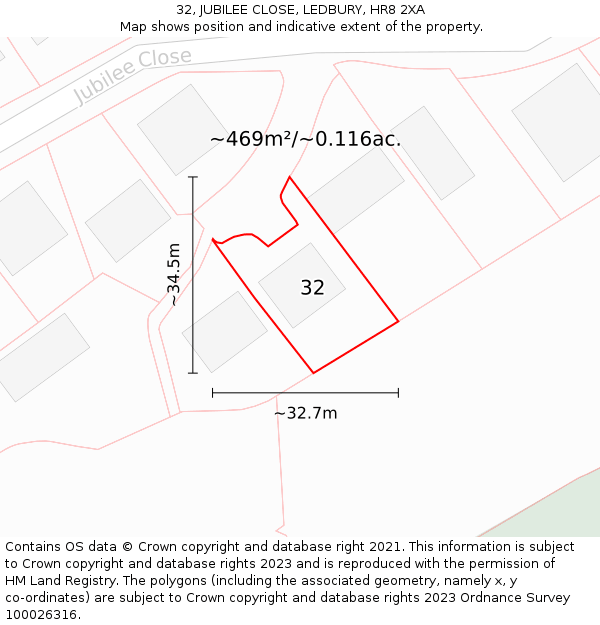 32, JUBILEE CLOSE, LEDBURY, HR8 2XA: Plot and title map
