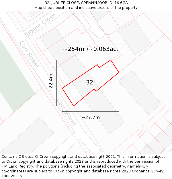 32, JUBILEE CLOSE, SPENNYMOOR, DL16 6GA: Plot and title map