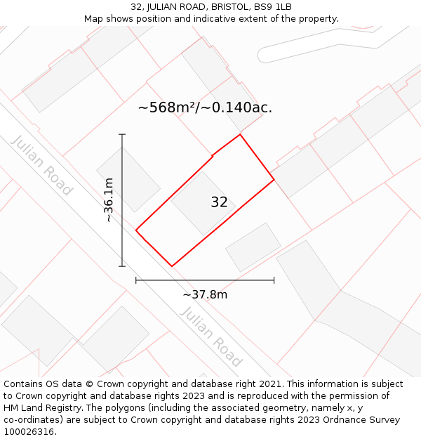 32, JULIAN ROAD, BRISTOL, BS9 1LB: Plot and title map
