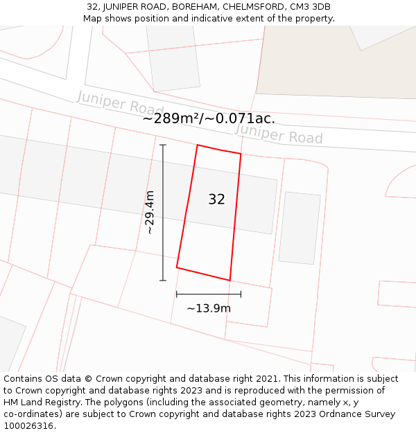 32, JUNIPER ROAD, BOREHAM, CHELMSFORD, CM3 3DB: Plot and title map