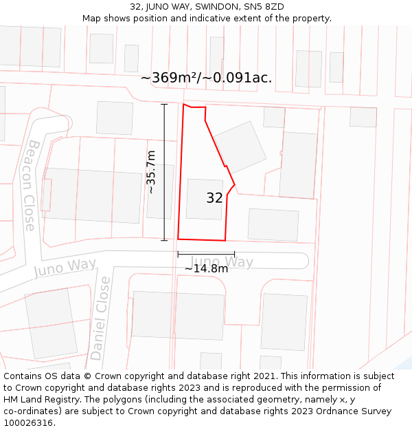 32, JUNO WAY, SWINDON, SN5 8ZD: Plot and title map