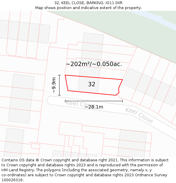 32, KEEL CLOSE, BARKING, IG11 0XR: Plot and title map