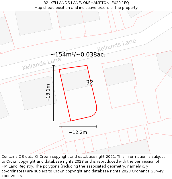 32, KELLANDS LANE, OKEHAMPTON, EX20 1FQ: Plot and title map