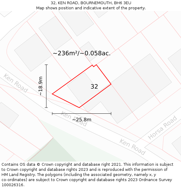 32, KEN ROAD, BOURNEMOUTH, BH6 3EU: Plot and title map