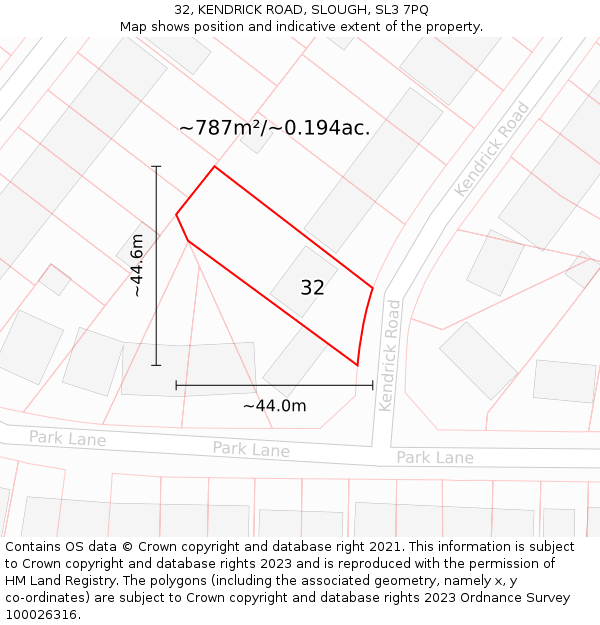 32, KENDRICK ROAD, SLOUGH, SL3 7PQ: Plot and title map